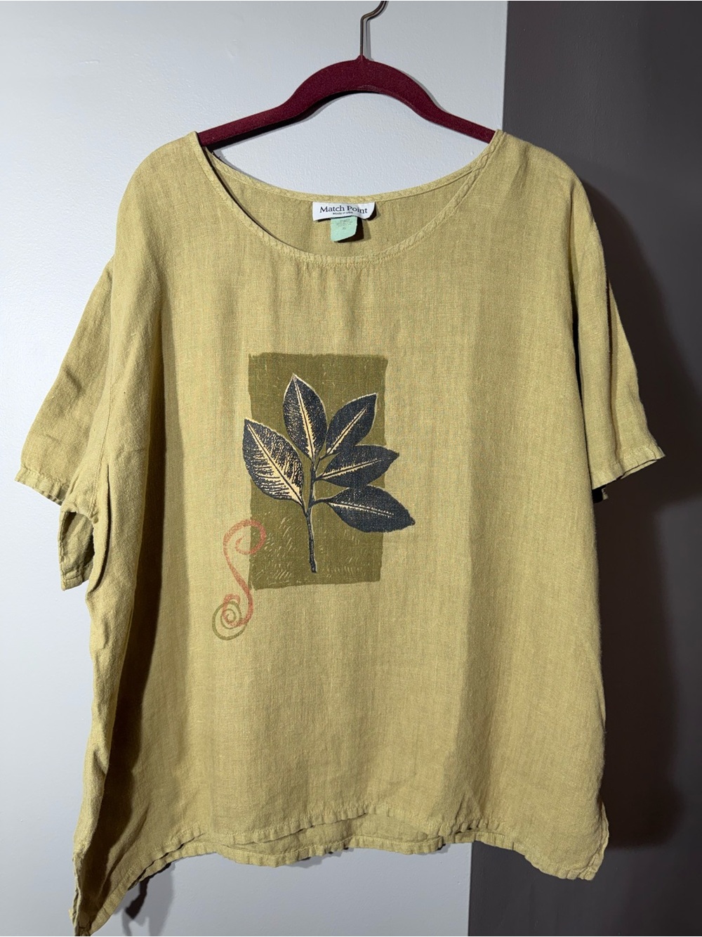 Match Point Olive Green Linen-Blend Short Sleeve Tunic with Leaf Print